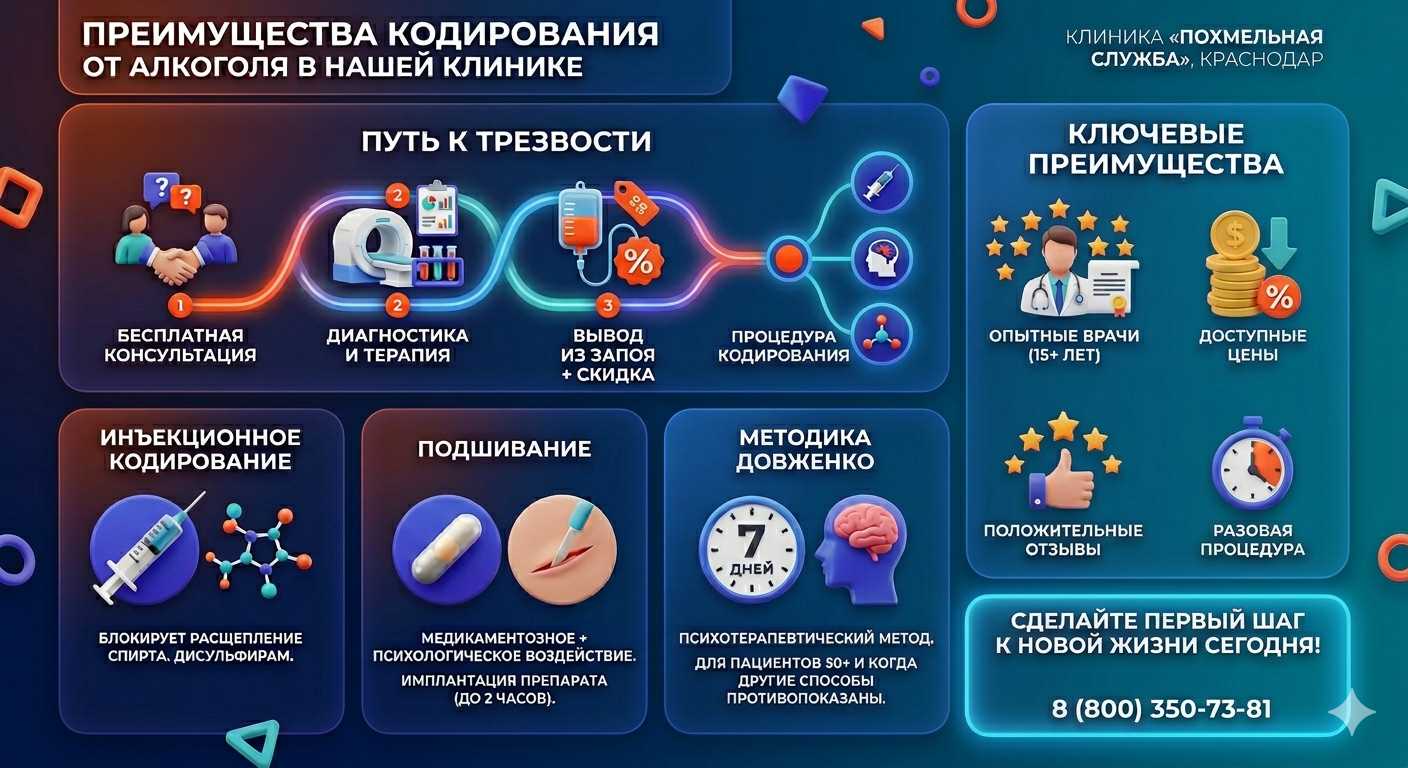 Инфографика о методах кодирования от алкоголя в Ветлуге: инъекции, подшивание, метод Довженко. Преимущества клиники и этапы лечения.
